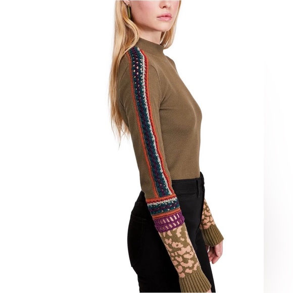 Free People Olive Green Switch It Up Crochet Trim Long Sleeve Thermal Top Large - Picture 11 of 16